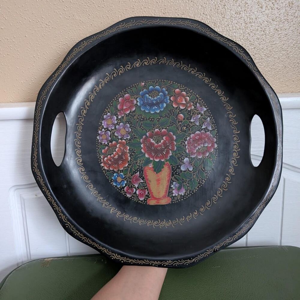 Vintage floral vase painted wooden
